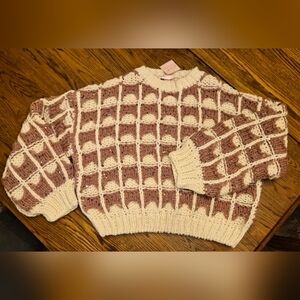 Chunky Knit Checkered Sweater - Cream and Mauve Size Medium